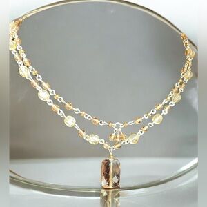Layered Double Strand Smoky Crystal Silver-Tone Pendant Necklace